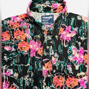 Vintage Wrangler Brushpopper Shirt X Long Tails Horse Print Western Cowboy Cut